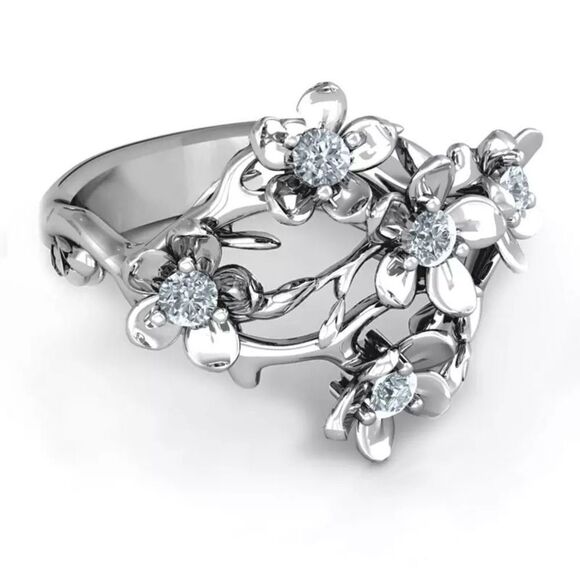 Plum Blossom Silver Flower Ring with Cubic Zirconia Stones Multiple Sizes Avail - Picture 1 of 5